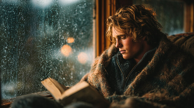 Young Man Reading Book by Window with Rain Outside