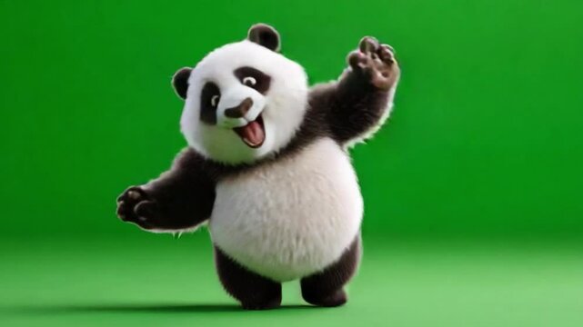 Joyful Panda's Greeting: A charming panda bear, animated with playful spirit, joyfully waves against a vivid green background. This adorable digital illustration captures the happiness