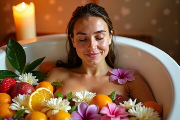 A young woman surrounded by tropical flowers and citrus fruits relaxes in a candlelit bath.