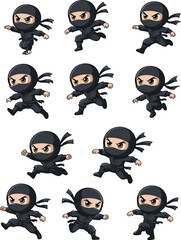 Adorable Ninja Characters in Action Poses: Cartoon Vector Illustrations for Creative Design