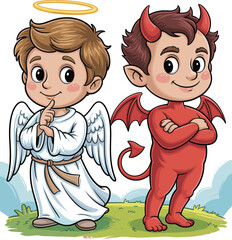 Angel and Devil Twins: Cartoon Characters Symbolizing Good vs. Evil, Standing Together in Harmony