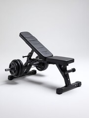 Adjustable weight bench for strength training.  Features a padded seat and back rest with multiple angles. Includes weight plates and barbell for exercises.  Modern design with durable construction
