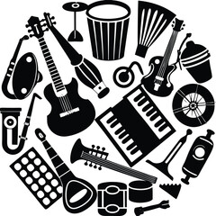 A Circular Composition of Black and White Musical Instruments Guitars Drums Keyboard Accordion and More All Arranged in a Dynamic and Harmonious Design