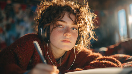 Curly-Haired Teen Listening to Music and Journaling