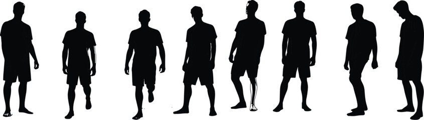 Silhouette of Seven Men in Casual Attire Standing in a Row, Minimalist Black and White Photography