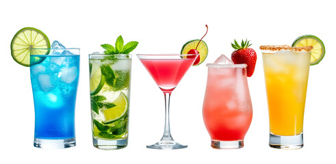 Assorted colorful cocktails in glasses with fruit garnishes on transparent background