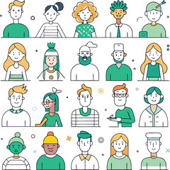 Diverse Group of Cartoon People with Green Accents A Vector Illustration of Various Characters with Different Hairstyles Clothing and Accessories on a White Background