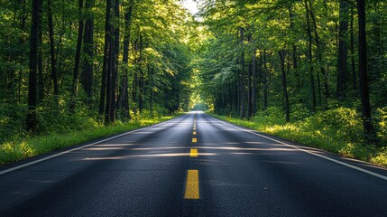 Obraz premium Lush Green Trees Bordering Quiet Empty Highway