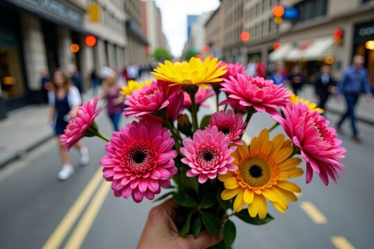Capturing the beauty of a hand clutching a colorful bouquet amidst a busy city scene.