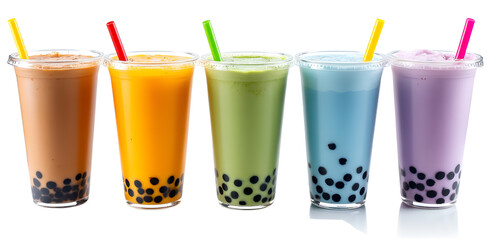 Assorted Flavored Bubble Tea Drinks in Clear Cups on Transparent Background