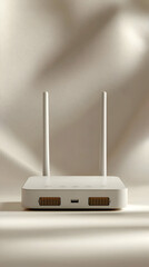 Modern, minimalist wireless router on a beige backdrop.  It's a simple, light-toned device, with two antennas