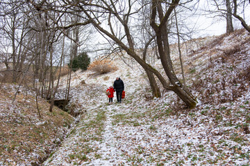 Exploring a winter wonderland with loved ones on a snowy day in a peaceful outdoor setting surrounded by trees and gentle slopes