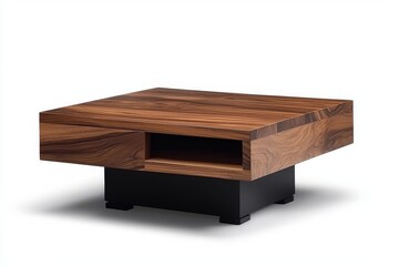 Square dark wood coffee table with black legs and open storage space, wood grain finish for living room side table.