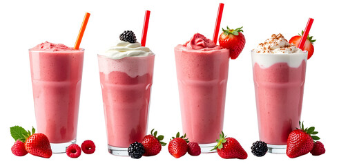 Assorted berry smoothies with fresh fruit on transparent background