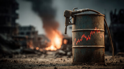 Fototapeta premium Rusty oil can with fuel nozzle war torn cityscape, background shows fire and smoke rising from destruction, conveying chaos and environmental
