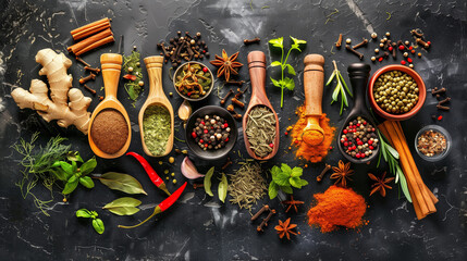Assorted herbs and spices in artistic arrangement, celebrating natural flavors and culinary diversity