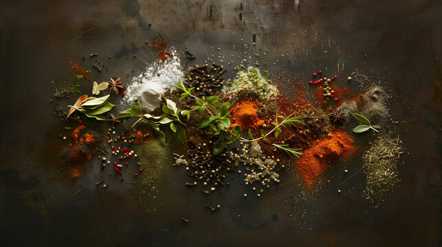 Assorted herbs and spices in artistic arrangement, celebrating natural flavors and culinary diversity
