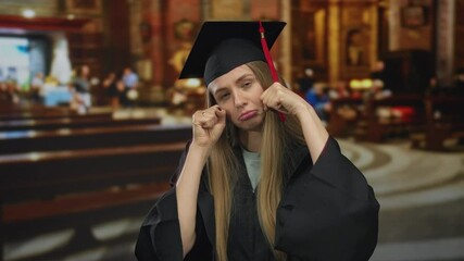 Woman in graduation attire mocking sadness inside a grand church setting with blurred interiors visible in the background to emphasize the humorous gesture.