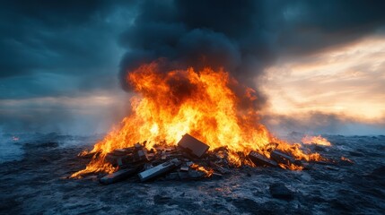 A dramatic scene of a large bonfire burning outdated electronics against a moody sky, evoking themes of destruction, renewal, and environmental awareness.