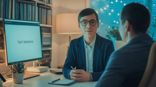Tech Solution Meeting: A focused business consultation unfolds as a male professional, dressed in a sharp suit, engages in a meeting within a modern office setting, discussing tech solutions
