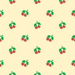 Seamless vector pixel pattern with cherries and cream background. Pixel art.