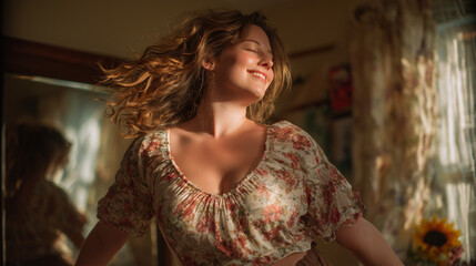confident Plus-Size Woman Dancing Alone in Her Bedroom