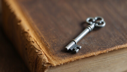 An old metal key lies on a worn vintage book cover, evoking a sense of mystery and history