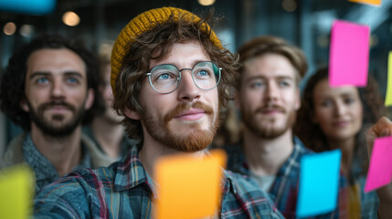 business photo of a creative team in a brainstorming session, placing colorful sticky notes on a glass wall in modern offive