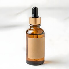 Fototapeta premium Amber serum bottle on beige terrazzo block with natural light. The main focus is a small, amber glass bottle with a light brown, possibly wooden, screw-on cap