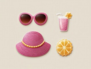 Summer accessories featuring stylish pink sunglasses, a refreshing drink with a flower, a vibrant beach hat, and a lemon slice on a soft neutral background showcasing a playful seasonal vibe