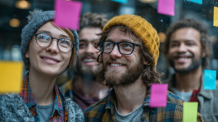 business photo of a creative team in a brainstorming session, placing colorful sticky notes on a glass wall in modern offive