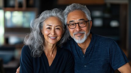 A happy elderly couple smiles warmly at the camera, showcasing the beauty of love, companionship, and the joy of sharing life's simple moments together in their cozy home.