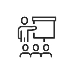Instructor at board with group, linear icon. Training, education, and awareness. Line with editable stroke.