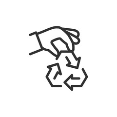 Hand with recycling arrows, linear icon. Waste management and environmental action. Line with editable stroke.