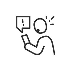 Person reacting to alert on smartphone, linear icon. Notification stress and overload. Line with editable stroke.