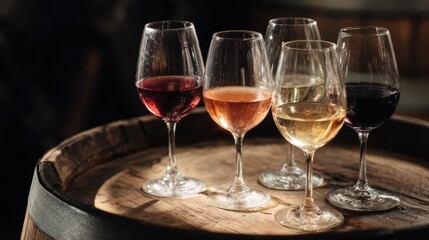 A variety of wines in six elegant glasses are displayed atop a rustic wooden barrel. The colors range from deep red to light pink and clear white, creating an inviting and sophisticated atmosphere