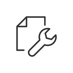 Document with wrench, linear icon. Settings file, configuration or update symbol. Line with editable stroke.