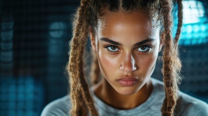A striking portrait of a female athlete showcasing concentration and determination, emphasizing strength and the essence of physical prowess in sports.