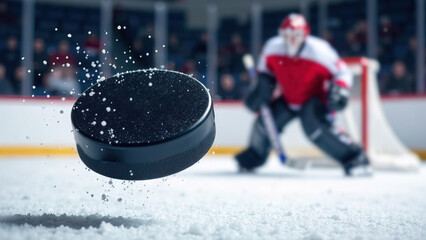 a hockey puck flies into the goalkeeper's net. hockey player wearing white and red uniform move on dark stadium background throws the puck to the foreground. copy space banner