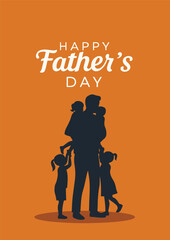 A minimalist silhouette design showcasing a father with his three children, set against a warm orange background.