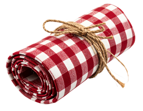 Rolled Checkered Napkin with Twine Knot, isolated on transparent background