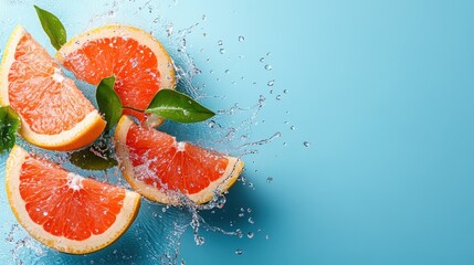 Vibrant grapefruit slices are displayed alongside splashes of water, creating a refreshing and lively visual that captures the essence of summer and healthy living.