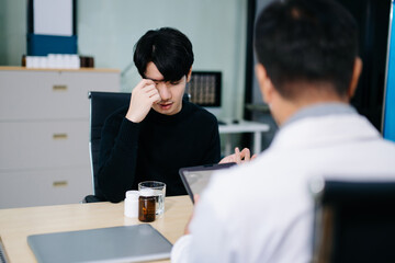 Fototapeta premium Asian man visiting psychiatrist for mental health consultation. Calm, thoughtful moment of therapy and emotional support.