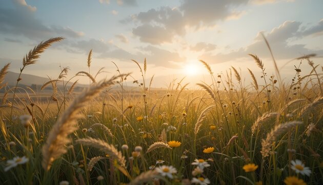an open meadow filled with tall grass swaying in the wind, scattered wildflowers in bloom, soft golden light just before sunset - - Powered by Adobe