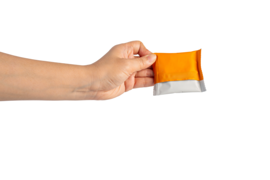 Plastic bag snack packaging and hand holding isolated on transparent background - Powered by Adobe