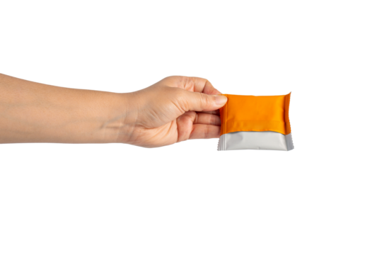 Plastic bag snack packaging and hand holding isolated on transparent background - Powered by Adobe