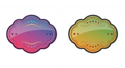 Two Colorful Glossy Cloud-Shaped Badges with Decorative Elements
