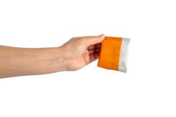 Plastic bag snack packaging and hand holding isolated on transparent background