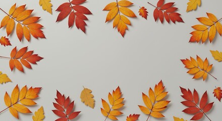 Autumnal Frame: Vibrant Orange and Red Leaves on Grey Background