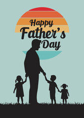 A heartwarming illustration celebrates Father's Day. The design features a silhouette of a father holding hands with two young children, a girl on each side, standing against a serene pastel backgroun